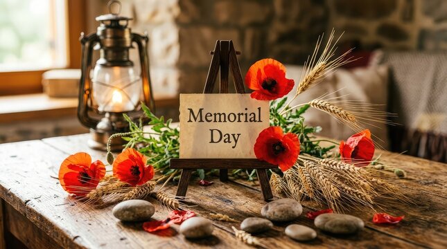 Memorial day still life with poppies wheat and vintage lantern