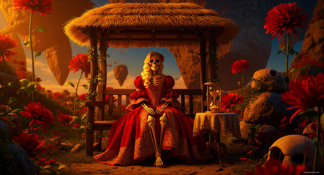 Skeleton in elegant red gown sitting under a thatched gazebo in a surreal fantasy landscape. Hourglass on table beside vibrant red flowers at sunset. Memento mori and passage of time concept.