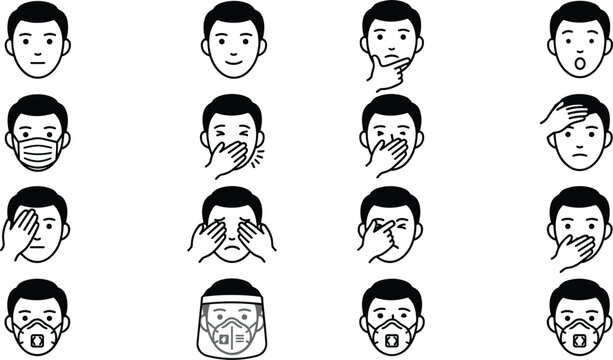 Man head and face icons set with medical mask shield sickness symptoms and expressions vector line illustration