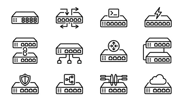 Network Switch Icons: Connectivity, Security, Data Flow, Cloud, Technology Vector Set
