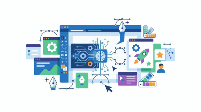 Digital design concept with AI software tools and creative elements
