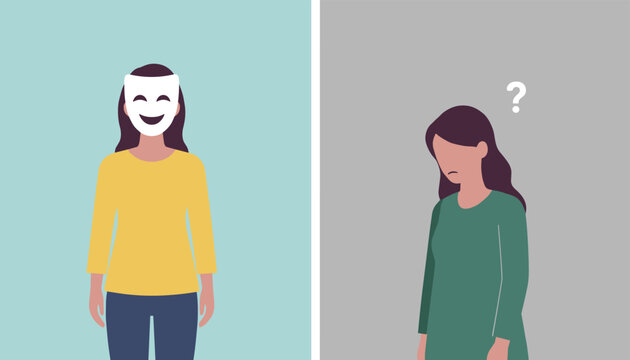 Sad woman hiding her true unhappy feelings behind a cheerful smiling mask to represent hidden depression and anxiety.