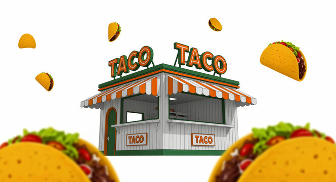3D illustration of a taco food stand with a striped awning. Floating tacos surround the kiosk on a white background. Mexican street food business concept for restaurant marketing.