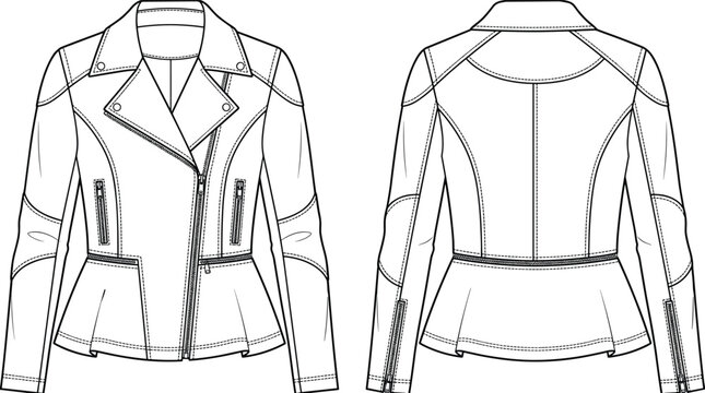 Womens asymmetrical zip peplum biker jacket notch lapel quilted sleeve technical fashion flat sketch vector front back view