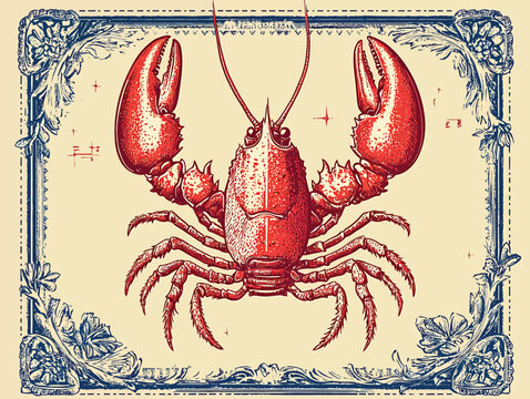 Vintage Illustration Of Red Lobster With Ornate Decorative Border Vector Illustration.
