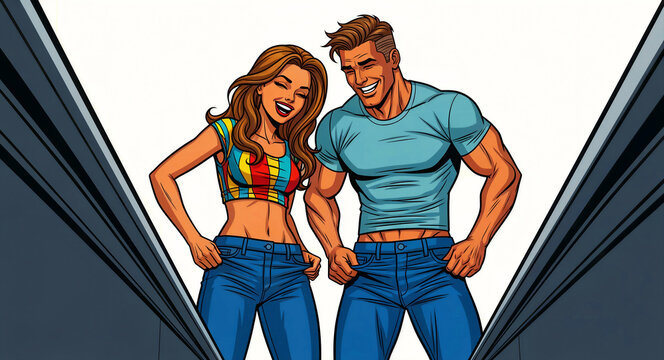Fit young couple pulling at loose jeans. Athletic man and woman celebrating weight loss in a comic art style. Fitness success concept for health and diet marketing.