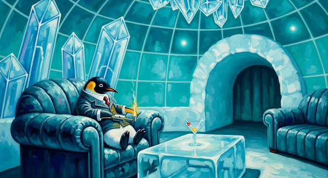 Penguin in a suit sitting in an armchair inside a luxury ice igloo. Character smokes a pipe with a martini on a table in this whimsical lounge. Humorous animal art for creative ads and winter.