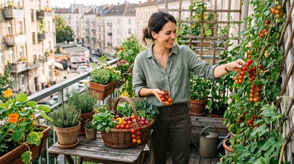 Fototapeta premium Young Woman Harvesting Ripe Tomatoes on Her Apartment Balcony Garden