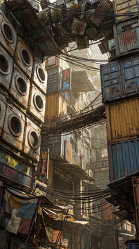 Vertical dystopian alley built from rusty containers old appliances tangled cables narrow passages glowing signs dusty sunlight depicting dense industrial future city urban decay worldbuilding