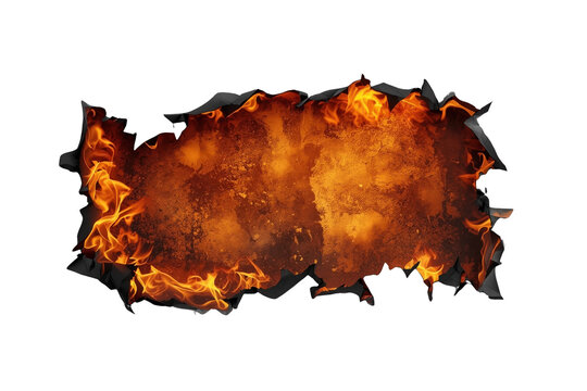 Burning paper tearing through, a fiery hole revealing intense flames and scorched edges, transparent background