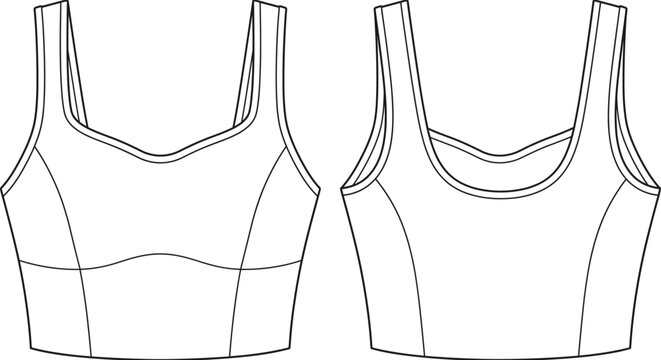 Womens sports bra crop top sweet heart scoop neck athletic tank top fashion flat sketch vector technical drawing front back view