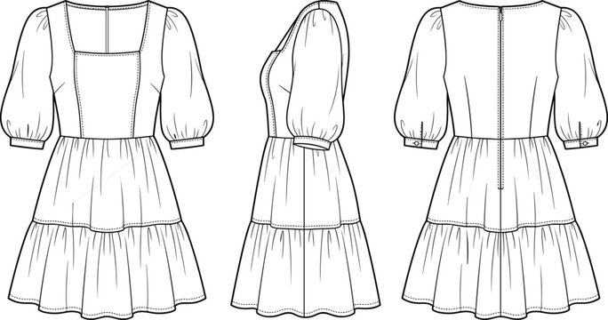 Womens square neck tiered mini dress puff sleeves back zipper closure fashion flat sketch vector technical drawing front side back view