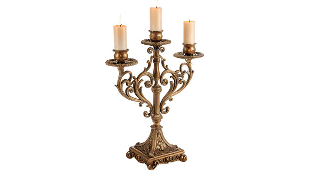 Vintage classic metallic bronze three candle candelabra lit isolated on transparent background