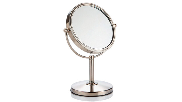 Simple round tabletop mirror on metallic silver stand isolated on transparent background