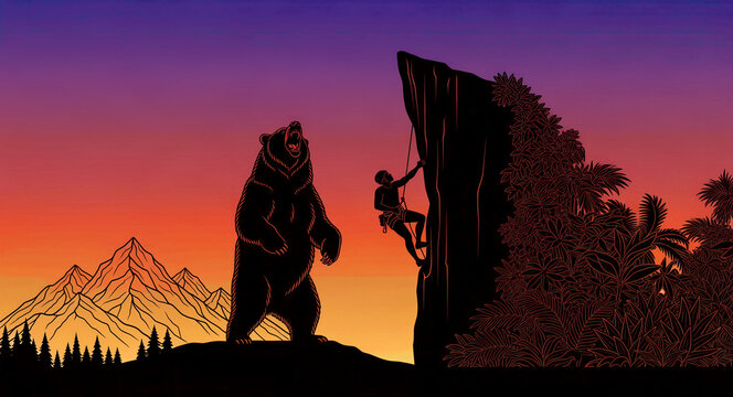 Silhouette of a climber on a cliff with a roaring bear at sunset. Wilderness scene of a climber facing danger from a predator. Risk and survival concept, ideal for adventure marketing campaigns.