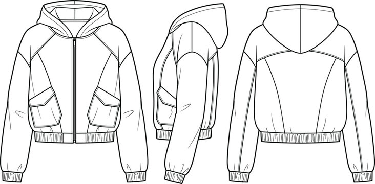 Womens zip up panel hoodie jacket angled flap pockets elastic hem fashion flat sketch vector technical drawing front side back view