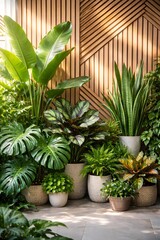 Fototapeta premium Indoor garden with variety of green leafy tropical plants in decorative pots against wooden geometric panel wall with natural sunlight