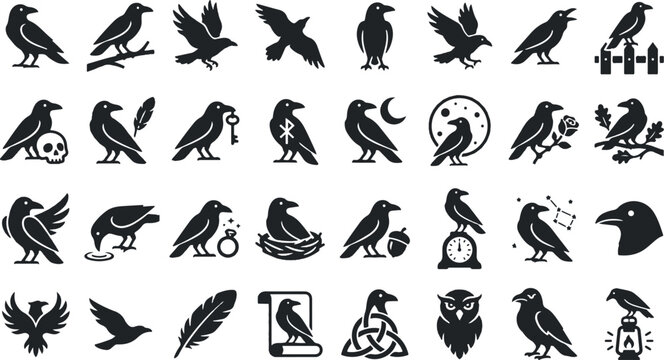 Raven symbol collection mystical bird designs for gothic and occult themes
