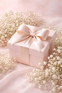 Elegant pastel pink gift box with satin ribbon bow surrounded by delicate white baby's breath flowers on soft fabric background for celebration event