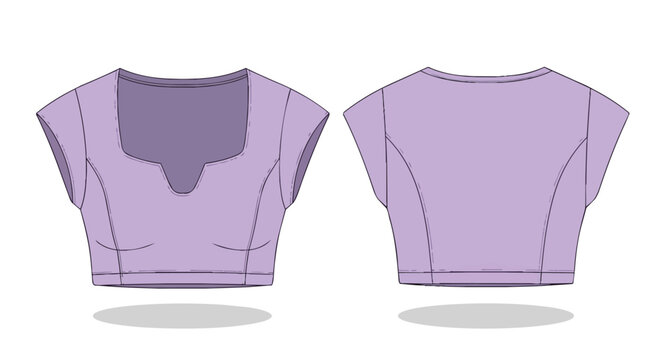 Purple Short Sleeve Women Crop Top Blouse Technical Flat Sketch Fashion Template Front and Back View Mockup