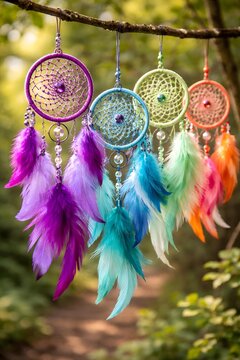 Colorful dreamcatcher with vibrant purple, blue, green, and orange feathers hanging on tree branch, boho decoration in natural outdoor forest environment background