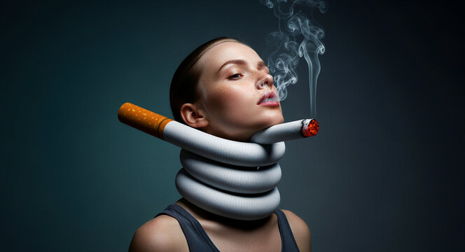 Young woman with a giant burning cigarette wrapped around her neck. Surreal conceptual portrait illustrating the suffocating nature of nicotine addiction. Anti-smoking health campaign concept.