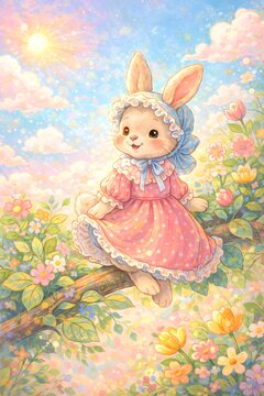 Cute bunny wearing blue bonnet and pink dress sitting on tree branch surrounded by colorful spring flowers under sunny sky with fluffy clouds in whimsical pastel illustration