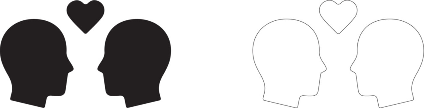 Two people with heart above vector icon filled and outline, mutual trust and empathetic cooperation symbol.