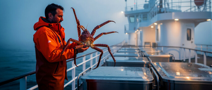 Fisherman holding a large king crab on a commercial fishing vessel. Professional deckhand in orange gear displaying a fresh catch at sea. Seafood industry concept, ideal for maritime marketing.