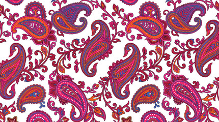Fototapeta premium Vintage Paisley Seamless Pattern with Vibrant Pink Floral Motifs, Ornate Botanical Vines, and Elegant Decorative Repeat Vector Background
