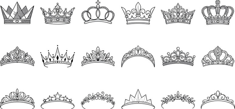 Vintage Royal Crown and Tiara Vector Icon Set with Majestic Queen Diadems and Heraldic Line Art Coronation Symbols