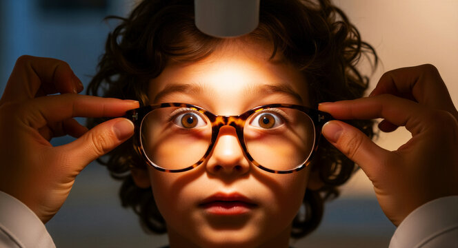 Child with curly hair looks through glasses held by an optometrist. Boy with wide eyes undergoes a professional vision test. Pediatric ophthalmology concept for optical clinics and healthcare ads.