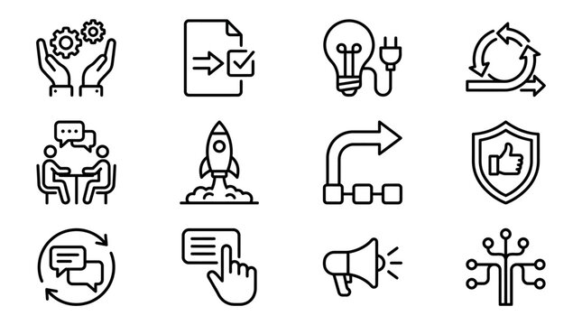 Business Icons: Collaboration, Innovation, Launch, Agile, Process, Security, Ideas, Marketing