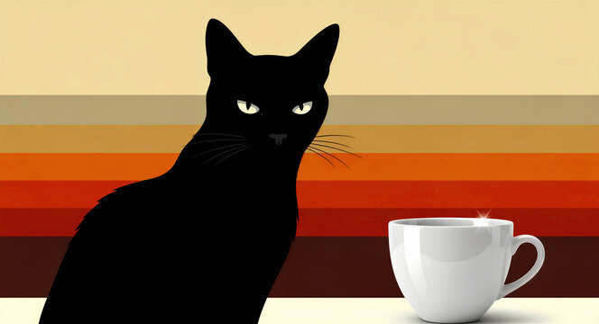 Black cat silhouette sitting next to a white coffee mug. Minimalist illustration featuring a vintage sunset color palette in horizontal stripes. Retro morning concept ideal for cafe wall art.