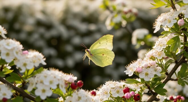 Yellow Brimstone Butterfly in Flight Among White Blossoms