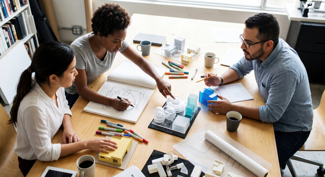 Product design team collaborating with prototypes and sketches