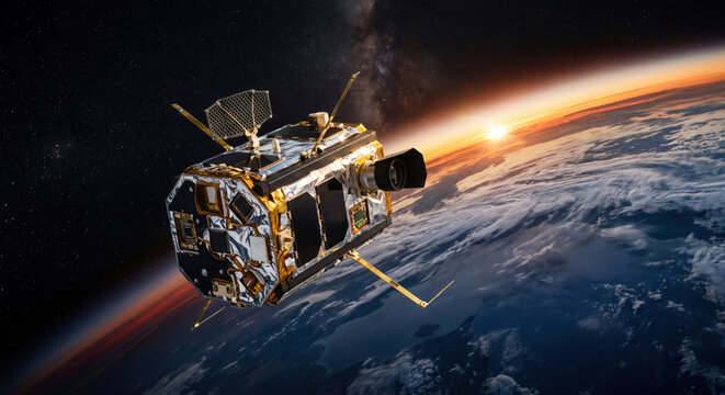 Small satellite orbiting Earth at sunrise with visible antennas