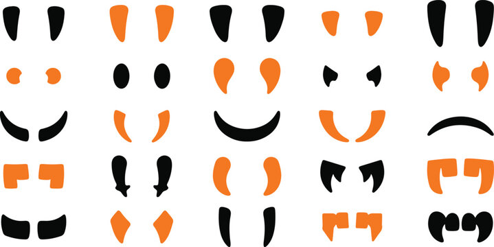 Halloween pumpkin face parts collection eyes mouths noses for design