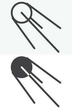 Space satellite icon set with spherical body and trailing signal lines in line, outline and solid styles. Vector icon with editable stroke, sign and symbol.