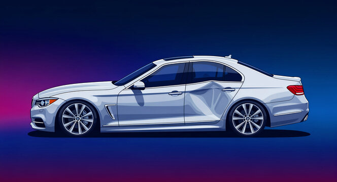 White luxury sedan with a large dent on the side door. Illustration of a damaged vehicle showing impact from a traffic collision. Auto insurance claim and car repair concept, ideal for automotive.