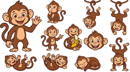 Cute cartoon baby monkey character set with various poses sleeping hanging upside down eating banana and waving vector