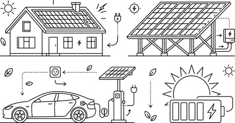 Solar energy system line icon set featuring eco friendly smart house solar panels electric vehicle charging station battery storage and green power concept © MDHELAL