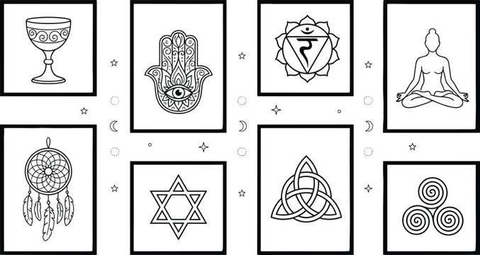 Spiritual and mystical symbol card collection featuring hamsa hand chakra triquetra dreamcatcher, vector black and white line art coloring page illustration isolated on white background.