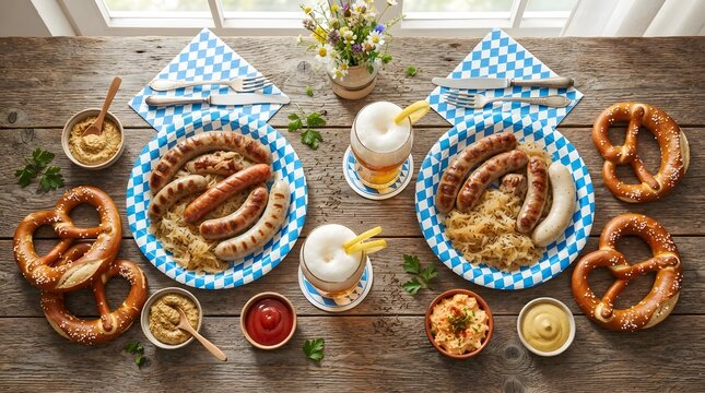 Traditional bavarian feast sausages pretzels and beer on rustic wooden tabletop with blue checkered accents
