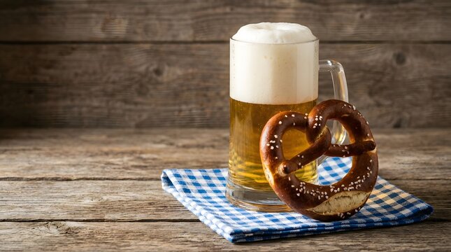 Classic bavarian beer and pretzel pairing on rustic wood traditional german food and drink still life