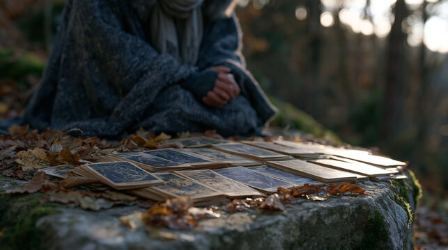 Tarot card reader outdoors at a forest clearing, spread of illustrated cards laid across a moss-covered stone after a reading session, autumn leaves scattered among the cards, the
