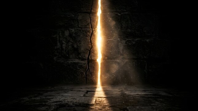 Conceptual image of bright sunlight beaming through a narrow fractured crack in a massive dark stone wall. Symbolizing hope, spiritual enlightenment, discovery, and new beginnings.