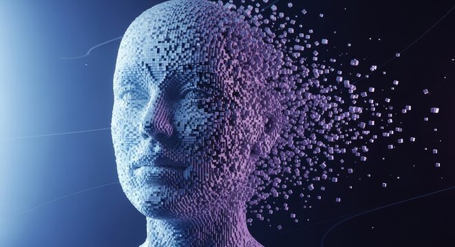 Abstract digital portrait of human face pixelated effect blue and purple tones