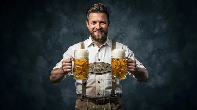 Smiling bavarian man with beer steins authentic oktoberfest celebration and traditional german culture portrait