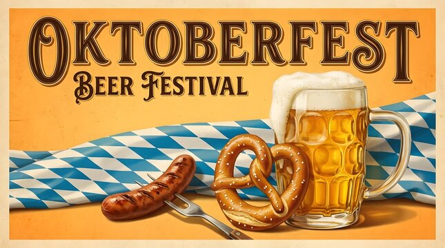 Oktoberfest celebration poster bavarian beer sausage and pretzel with traditional checkered background